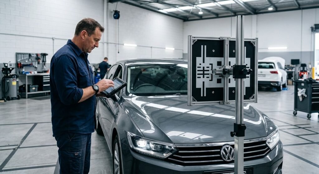 Technician calibrating windshield camera with ADAS target board in Melbourne workshop
