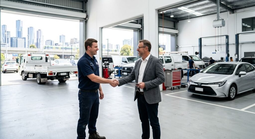 Technician and fleet manager shaking hands in Melbourne collision repair workshop with towing truck and loan car in background