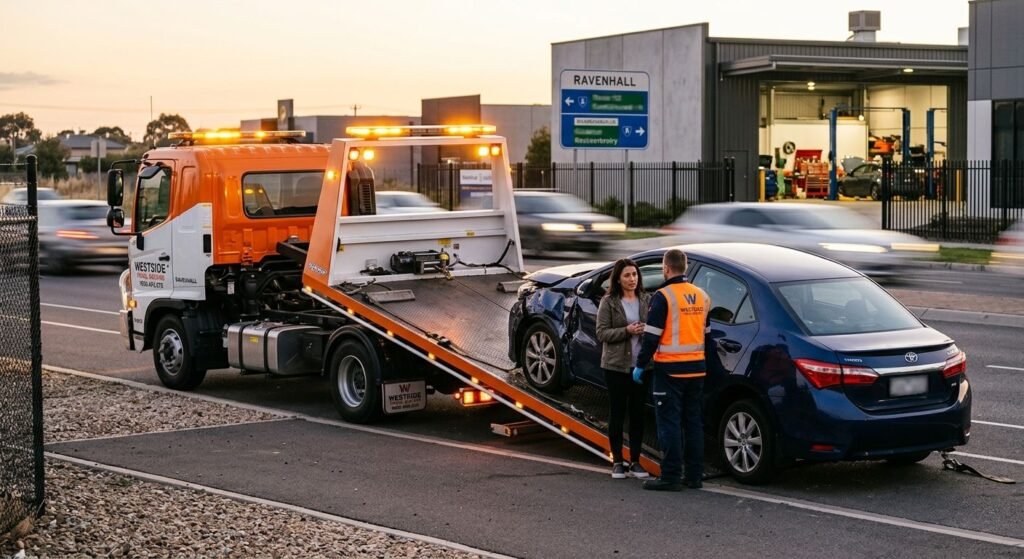 A roadside emergency scene in Melbourne's west at dusk, with a Westside Panel Repairs tow truck loading a damaged sedan and a technician speaking with the driver, conveying reliable 24/7 care.