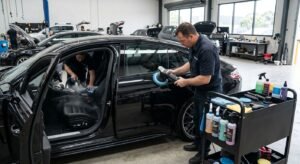 Professional detailer polishing a freshly painted car panel in a bright Melbourne workshop, with a second technician steam-cleaning the interior and a tidy tool cart nearby