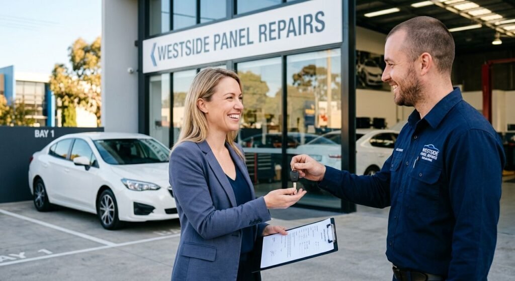 Smiling woman receiving car keys from Westside Panel Repairs team member outside workshop in Melbourne, with loan car in background.