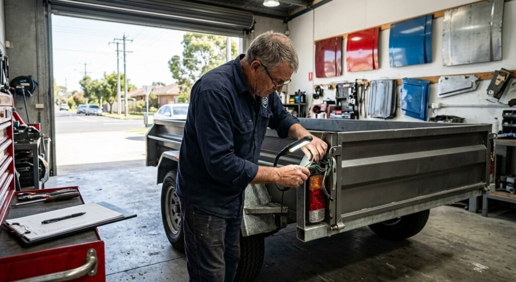 Professional panel beater inspecting trailer wiring in a well-lit workshop with spray-painted panels and quote form
