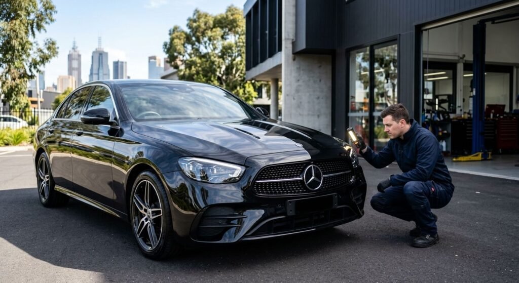 A gleaming black sedan with ceramic coating reflecting sunlight, inspected by a technician at a Melbourne auto repair shop.