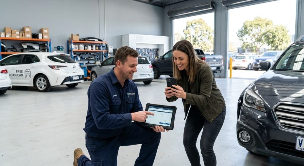 Uniformed technician with Westside badge kneels beside damaged car, holding tablet showing itemized quote to woman taking photo with phone. Bright clean workshop with loan car, paint area, and genuine parts shelves.