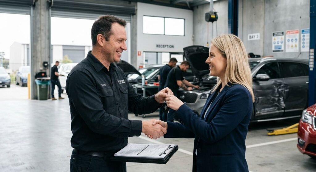 Westside Panel Repairs insurance liaison officer shaking hands with a relieved customer in a modern repair workshop in Ravenhall, Melbourne.