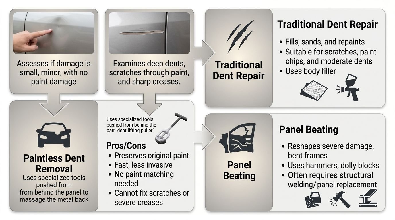 Comparison infographic showing three vehicle repair methods: paintless dent removal for small dents, traditional dent repair with repainting for scratches, and panel beating for collision damage