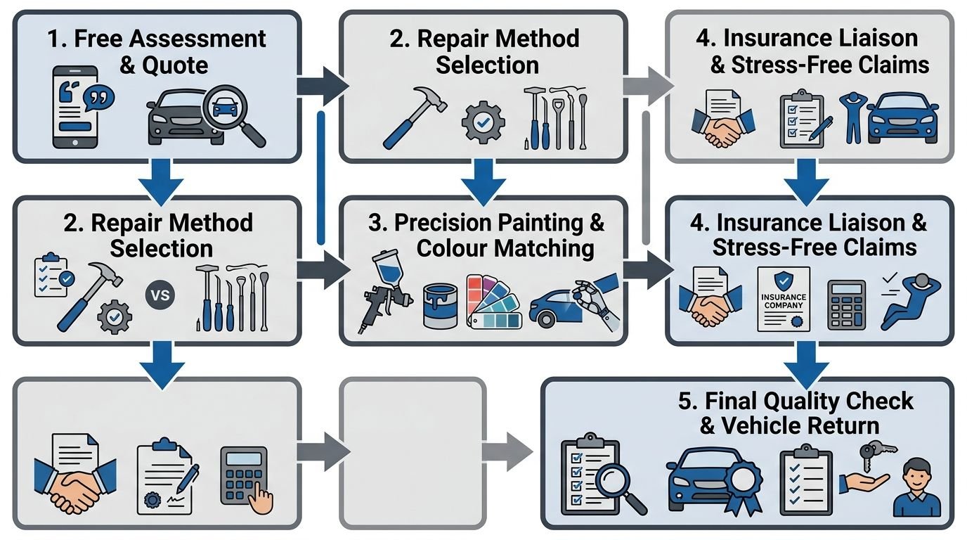 Vertical process diagram of Westside Panel Repairs dent and scratch repair process with five numbered stages from Free Assessment to Vehicle Return