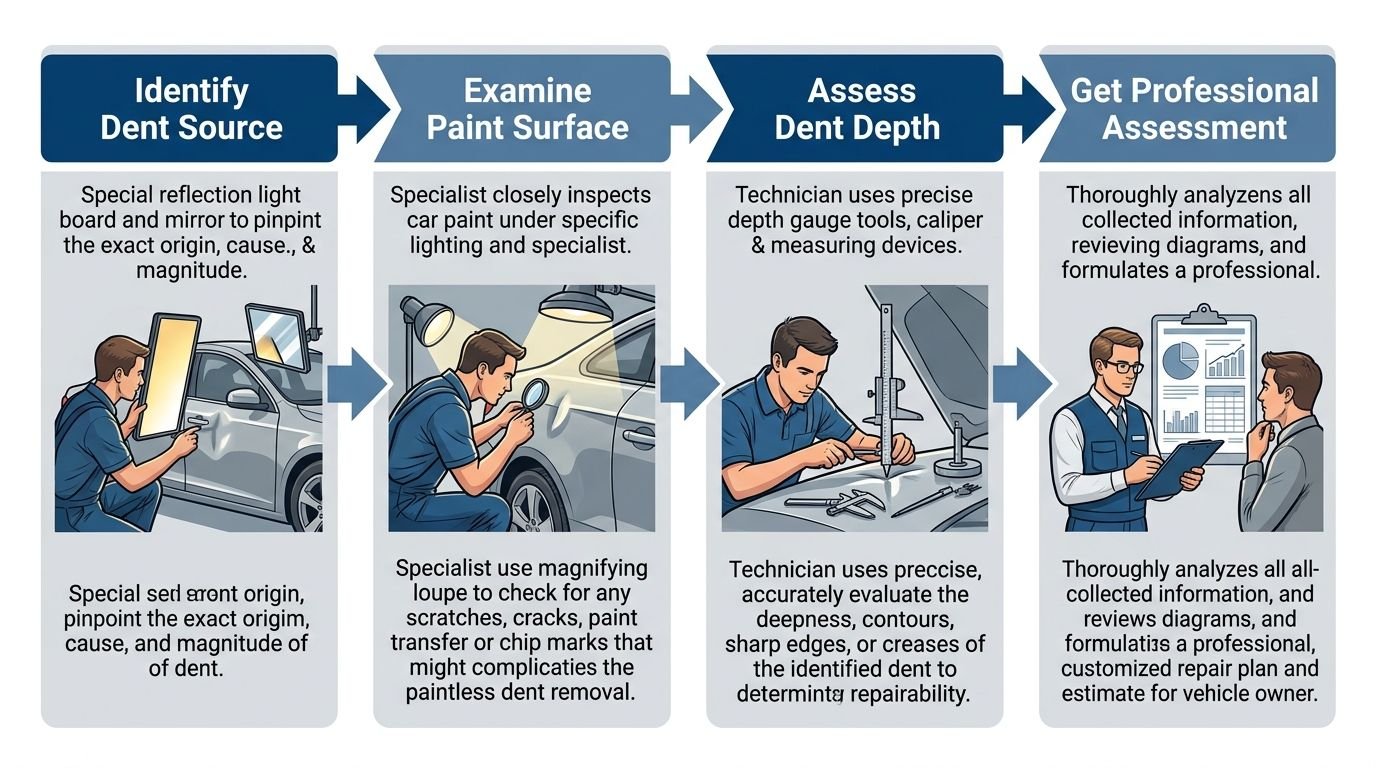 Horizontal four-step process diagram for recognising when you need paintless dent removal in Melbourne, showing dent identification, paint inspection, depth assessment, and professional evaluation