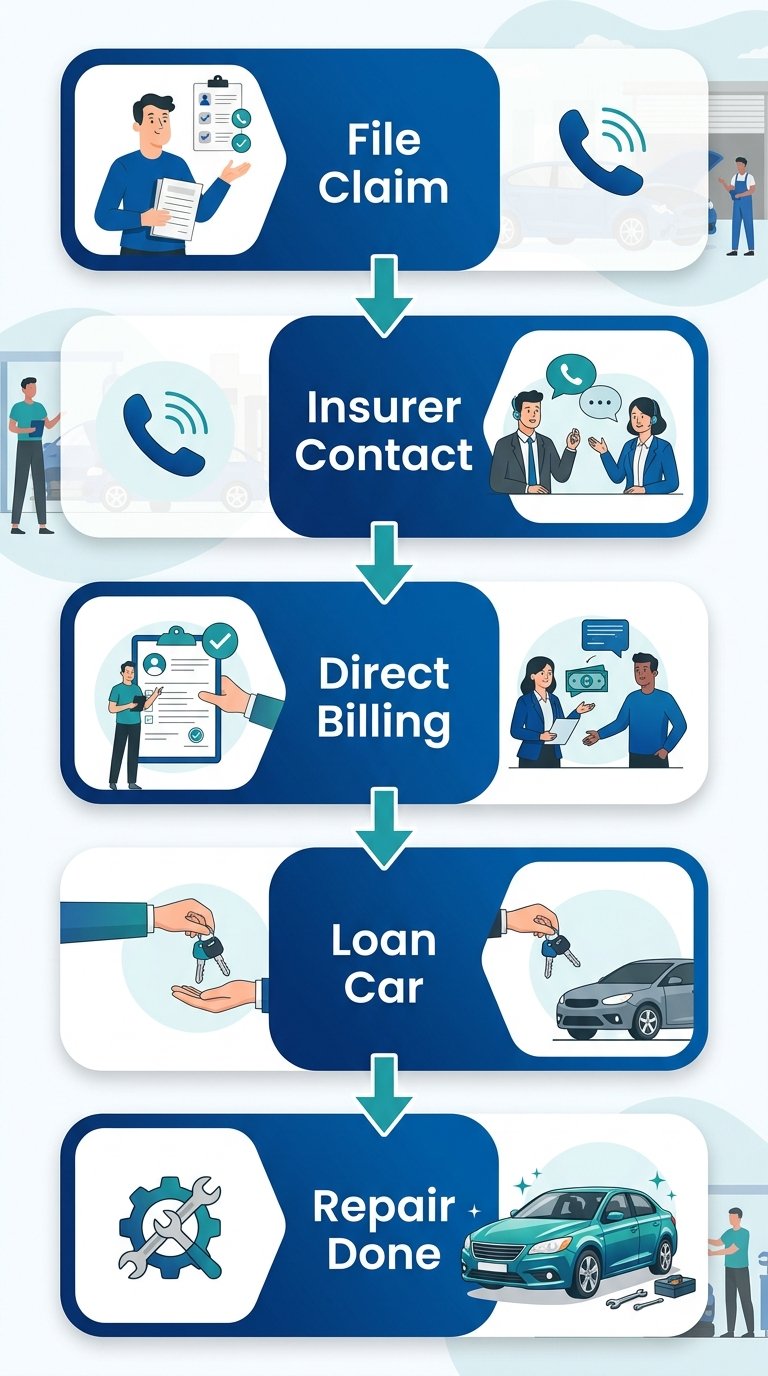 Vertical process flow showing 5 steps of insurance claims at a Melbourne smash repair centre: File Claim, Insurer Contact, Direct Billing, Loan Car, Repair Done.