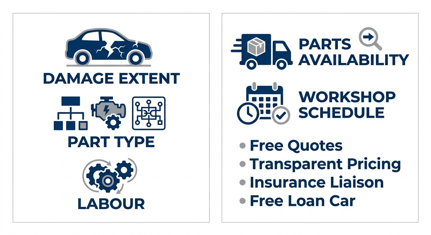 Side-by-side infographic showing factors affecting collision repair cost on the left and timeline influencers on the right with short labels and list items.