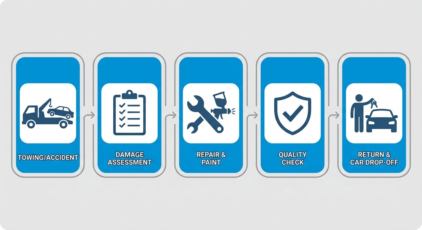 Five-step collision repair process visualization showing towing, damage assessment, repair and paint, quality check, and return with loan car drop-off