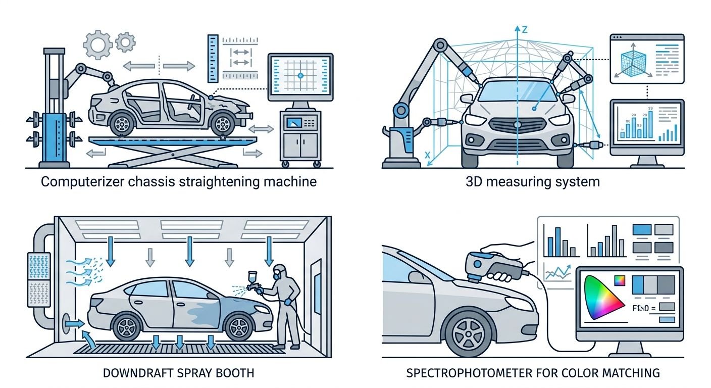 Infographic showing four collision repair quality indicators: chassis straightening, 3D measuring, spray booth, and colour matching equipment.
