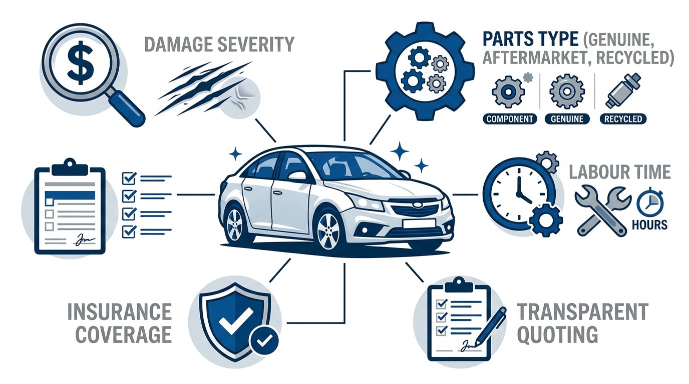 Infographic outlining smash repair cost factors in Melton featuring labelled icons for damage severity, parts type, labour time, insurance coverage, and transparent quoting around a central car illustration in blue and white.