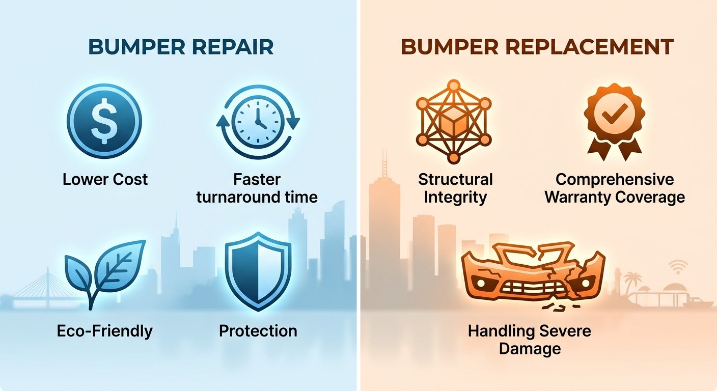 Infographic comparing bumper repair versus replacement options for vehicles in Melbourne, with cost and environmental benefits on the left and structural and warranty advantages on the right.