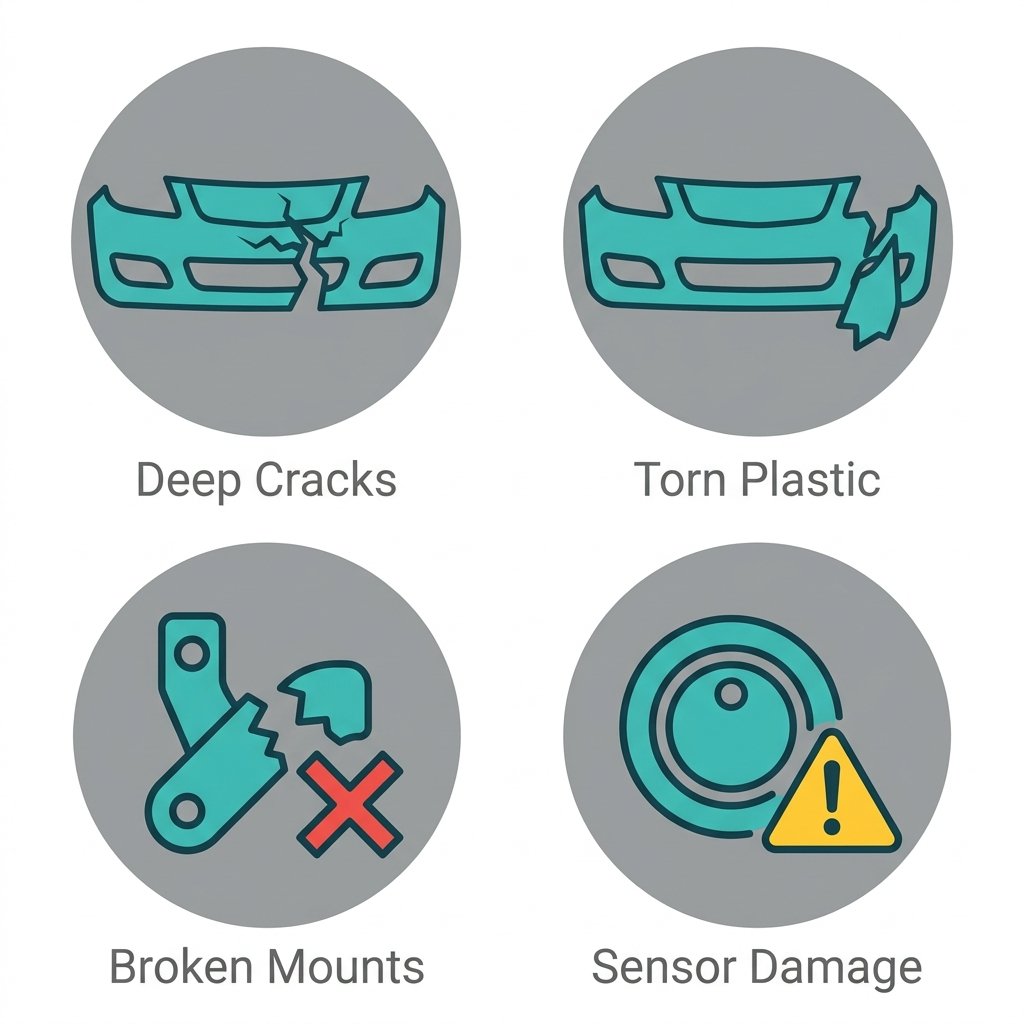 Four flat icons in a 2x2 grid showing signs needing bumper replacement: deep crack, torn plastic, broken mounts, sensor damage, each with a short label.