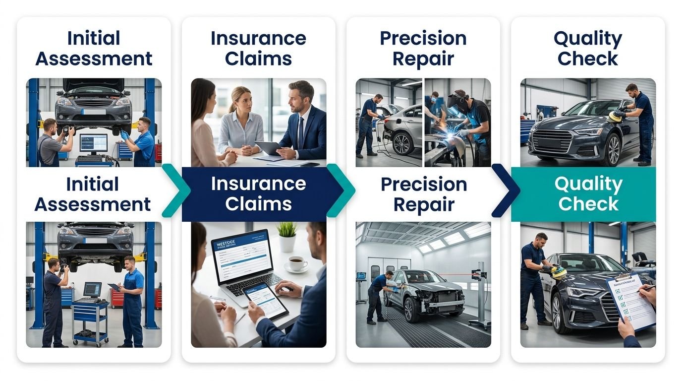Horizontal process flow with four stages showing initial assessment, insurance claims, precision repair, and quality check for smash repairs.