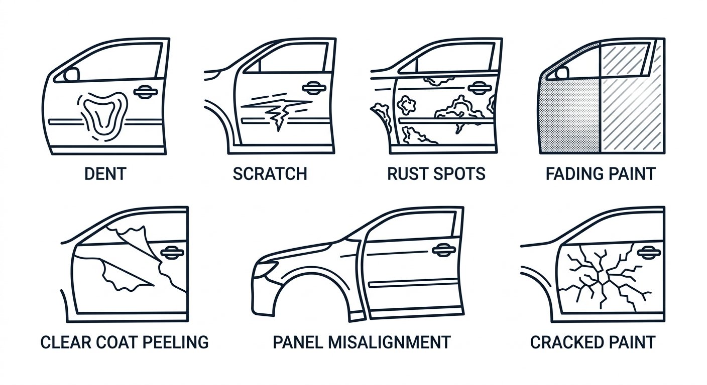 Icon set showing seven signs of vehicle body damage including dent, scratch, rust, paint fading, clear coat peeling, panel misalignment, and cracked paint.