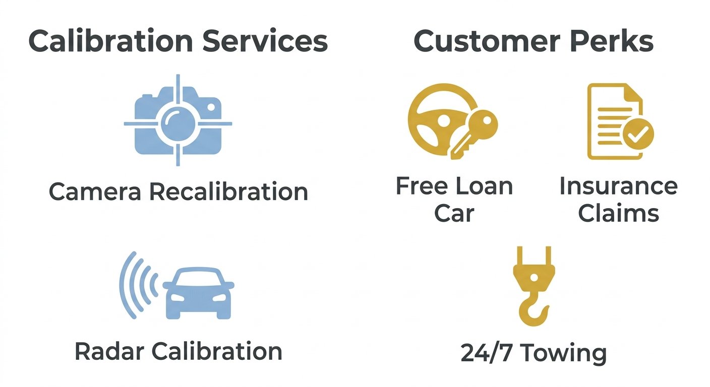 Infographic comparing ADAS calibration services and customer perks at Westside Panel Repairs: two columns with pale blue camera and radar icons under Calibration Services, and gold steering wheel, document, and tow truck icons under Customer Perks on a white background.
