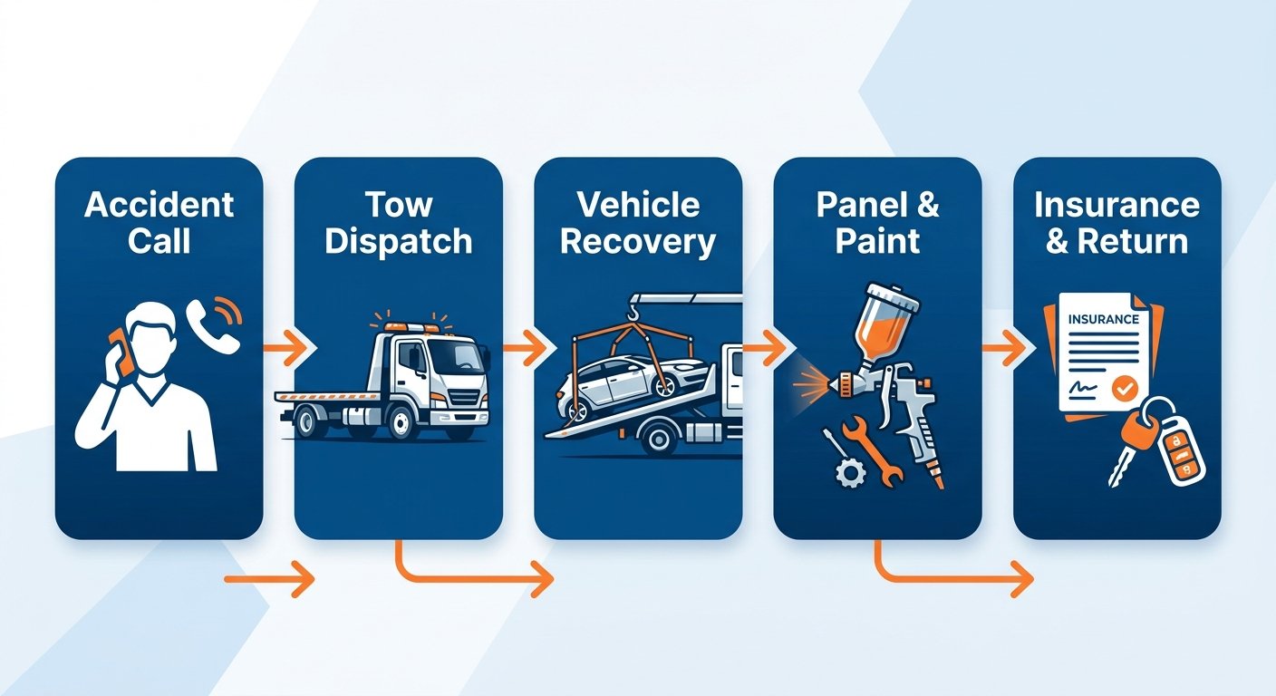 Horizontal process flow diagram showing five stages of accident repair: accident call, tow dispatch, vehicle recovery, panel and paint, and insurance and return, connected with arrows, in deep blue, white, and safety orange.