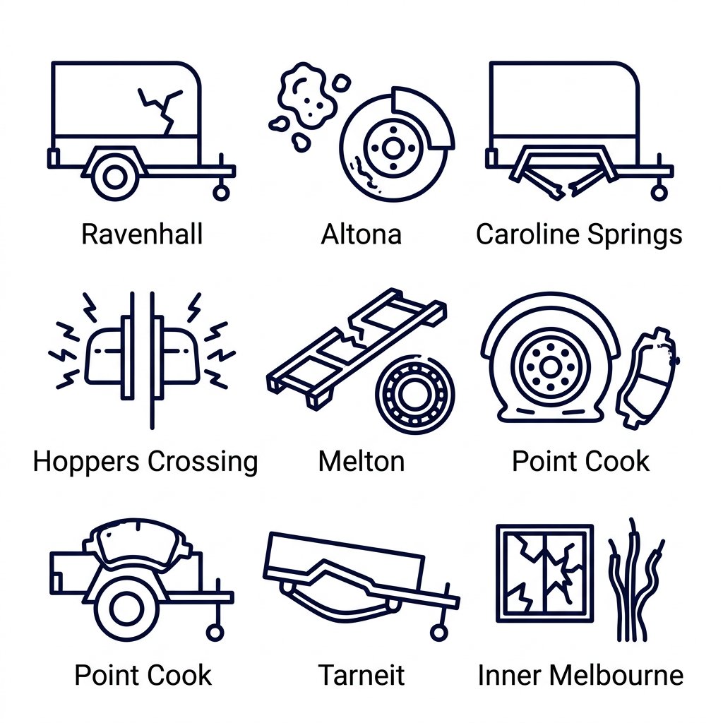 Icon set showing eight Melbourne western suburbs with typical trailer repair issues: Ravenhall (cracked panel), Altona (rust and brake disc), Caroline Springs (broken suspension), Hoppers Crossing (flickering lights), Melton (cracked chassis and worn bearing), Point Cook (flat tyre and brake pad), Tarneit (sagging suspension and bent frame), Inner Melbourne (broken window and burnt-out wires).