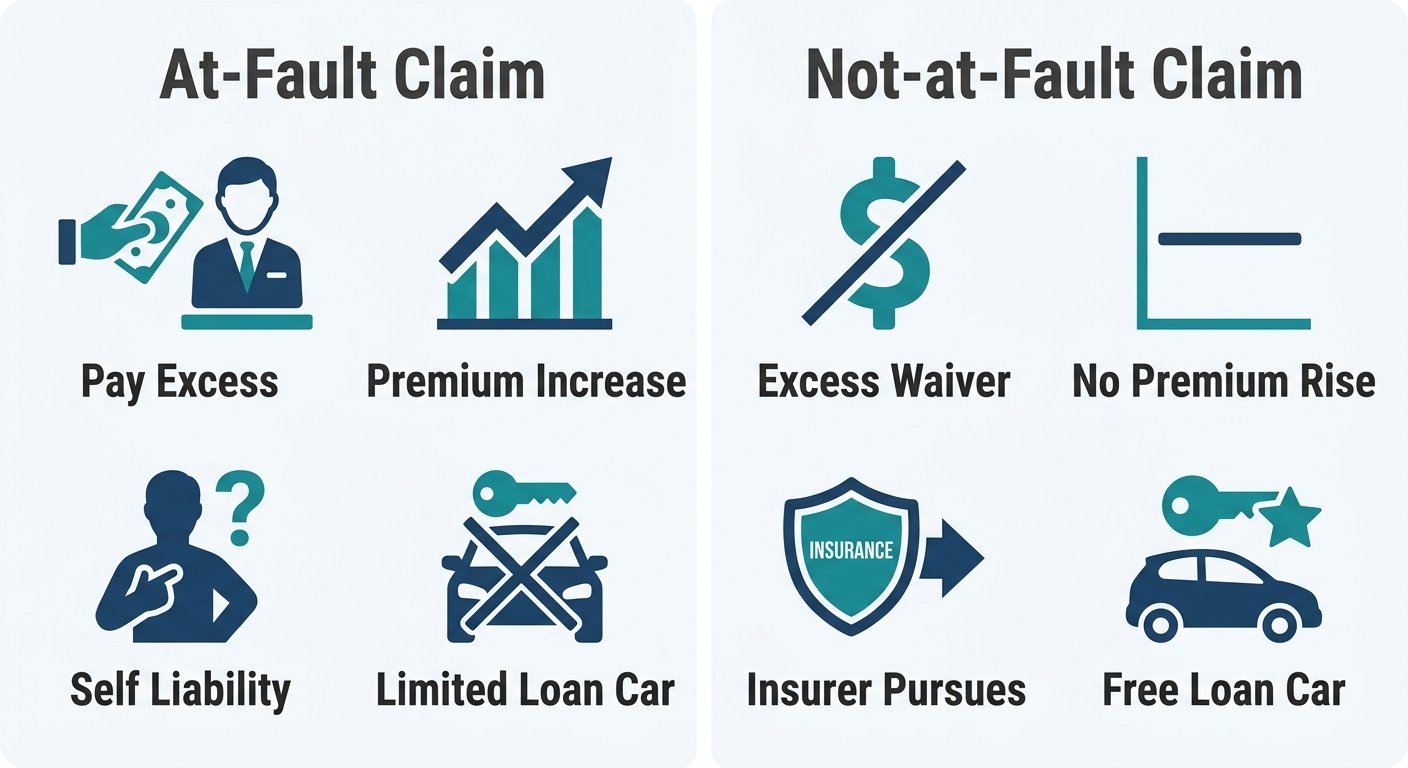 Two-column infographic comparing at-fault and not-at-fault car insurance claims: At-fault column shows icons for pay excess, premium increase, self liability, and limited loan car; Not-at-fault column shows icons for excess waiver, no premium rise, insurer pursues, and free loan car, on a soft white background with teal and navy icons.