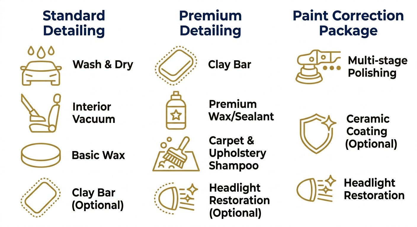 Infographic comparing standard detailing, premium detailing, and paint correction package offered by Westside Panel Repairs, with three columns of icons and labels.
