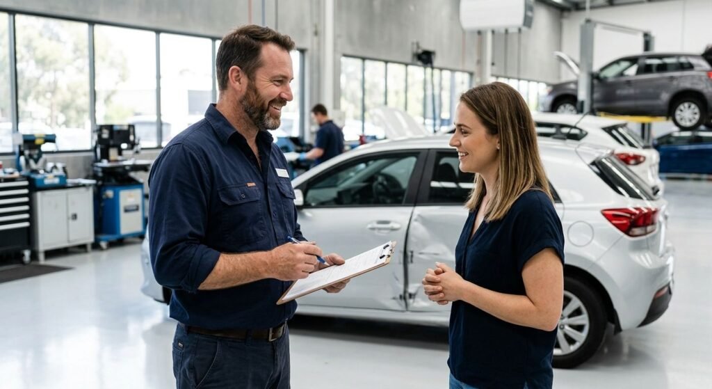 Panel beater in a modern Melbourne workshop explaining insurance paperwork to a relieved car owner beside a damaged car