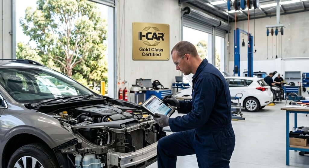 Professional photograph of a certified technician inspecting a vehicle at a modern collision repair workshop in Victoria, Australia, with I-CAR Gold Class certification plaque on the wall