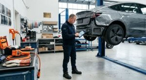 Professional panel beater inspecting a damaged electric vehicle in a modern Melbourne collision repair workshop.