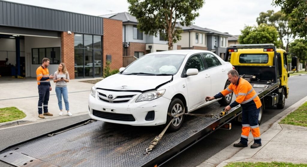 Technician in hi-vis securing a damaged white sedan onto a tow truck outside a modern workshop in Melbourne's western suburbs.