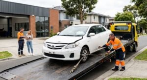 Technician in hi-vis securing a damaged white sedan onto a tow truck outside a modern workshop in Melbourne's western suburbs.