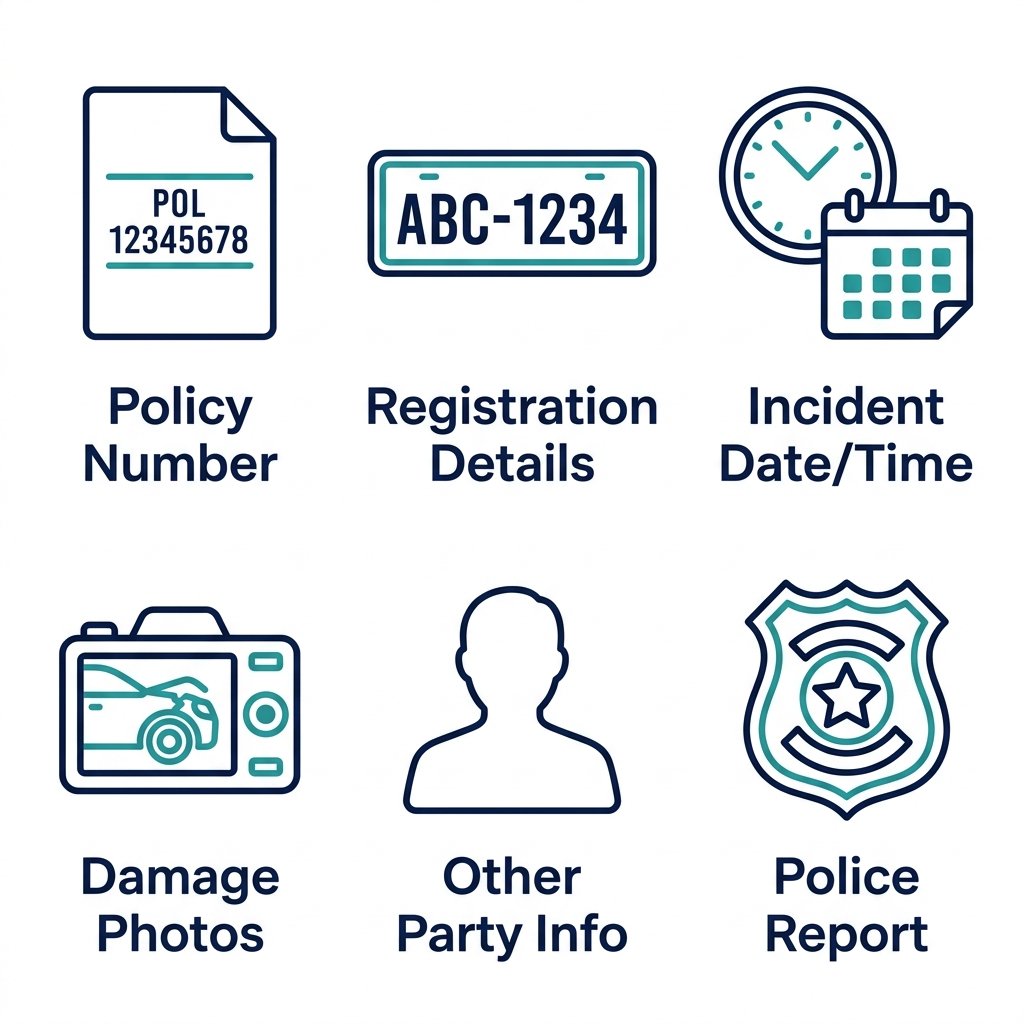Infographic grid of six flat outline icons showing claim essentials: policy document, number plate, clock with calendar, camera, person silhouette, and police badge, each with a text label.