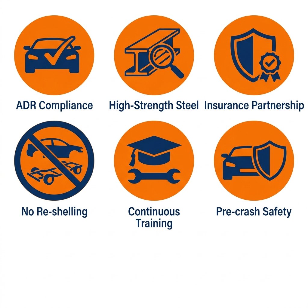 Icon set showing six aspects of I-CAR Gold Class certification for car repairs: ADR compliance, high-strength steel inspection, no re-shelling, continuous training, insurance partnership, and pre-crash safety.